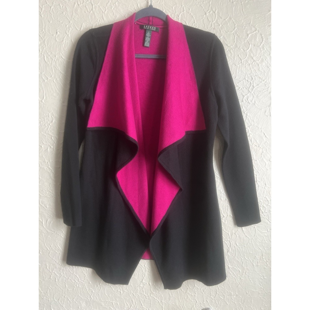 Lauren Ralph Lauren Open Front Wool Cardigan, Waterfall Front Black/pink Sz S